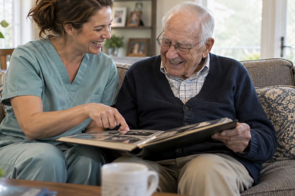 Caregiver and older man looking at a photo album, an example of companion care in the Hawthorne area