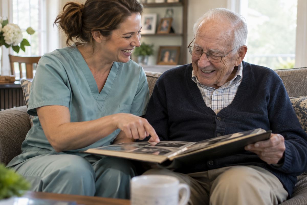 Caregiver and older man looking at a photo album, an example of companion care in the Helotes area