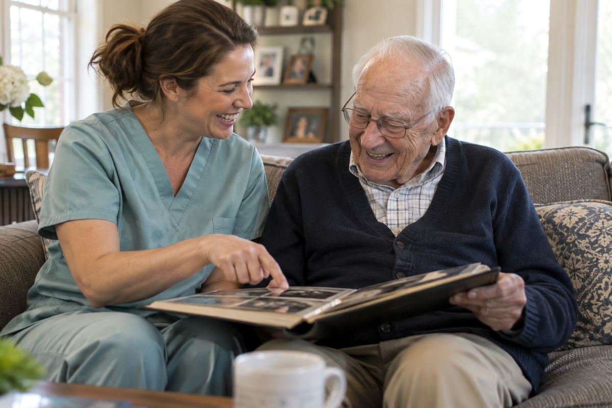 Caregiver and older man looking at a photo album, an example of companion care near Hermosa Beach