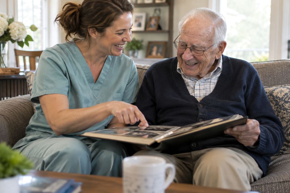 Caregiver and older man looking at photo album during companion care in Hopkins