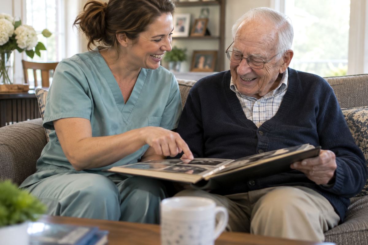 Caregiver and older man looking through a photo album, companion care in the Houston area