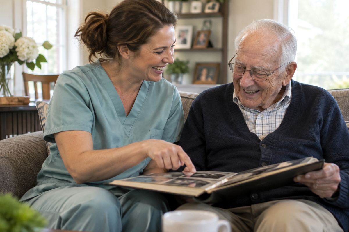Caregiver and older man looking through a photo album together, an example of companion care near Humble