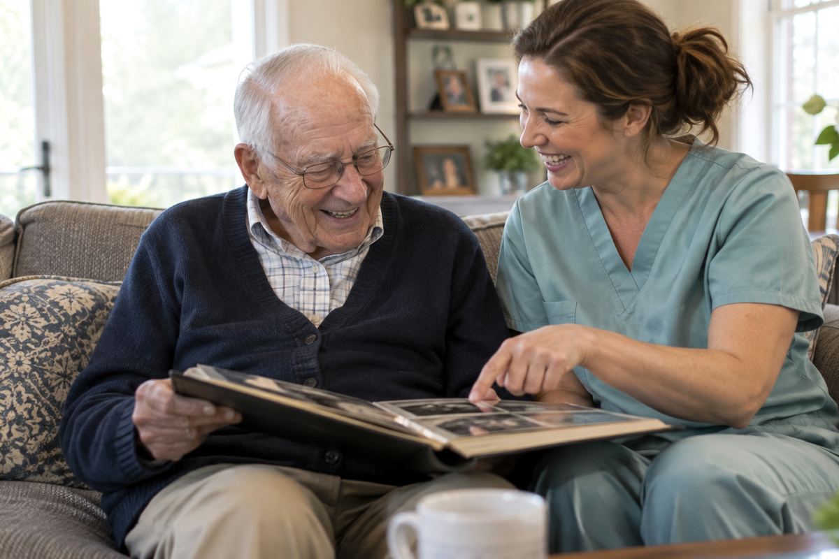 Caregiver and older man looking at a photo album during companion care in Katy