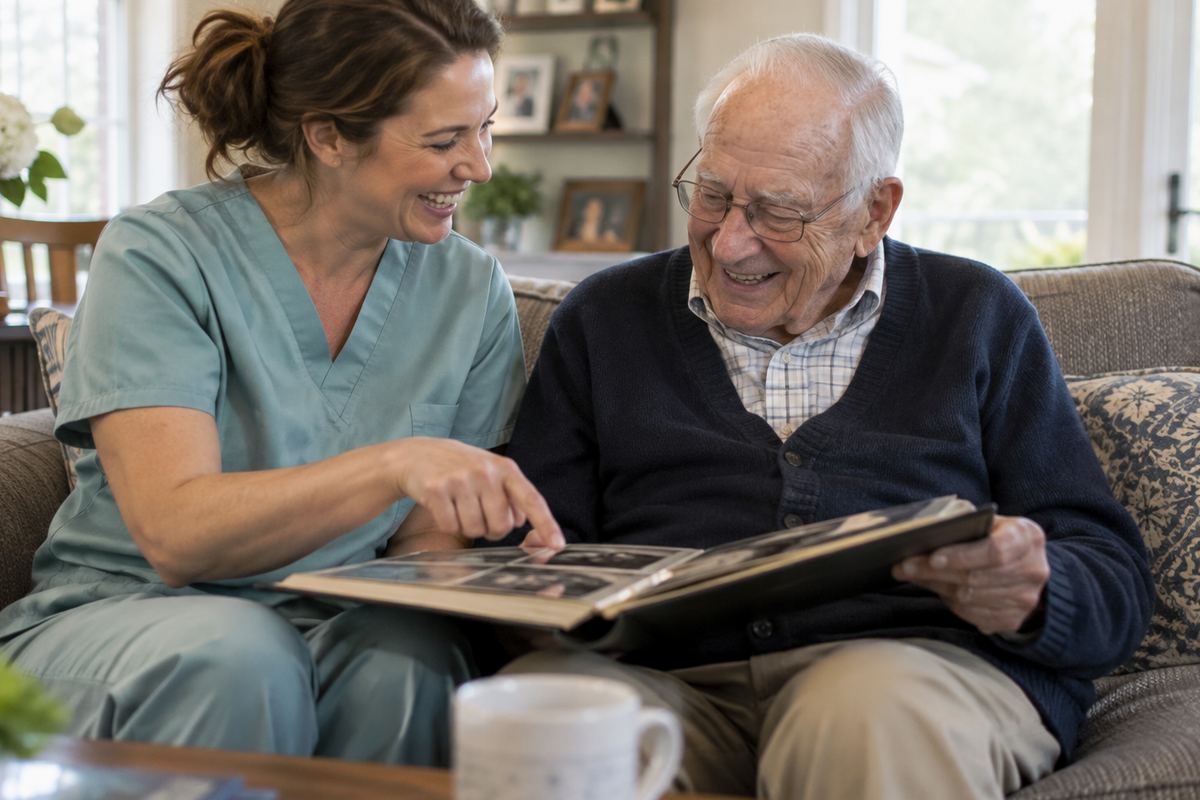 Caregiver and older man looking at a photo album during companion care in Lawndale