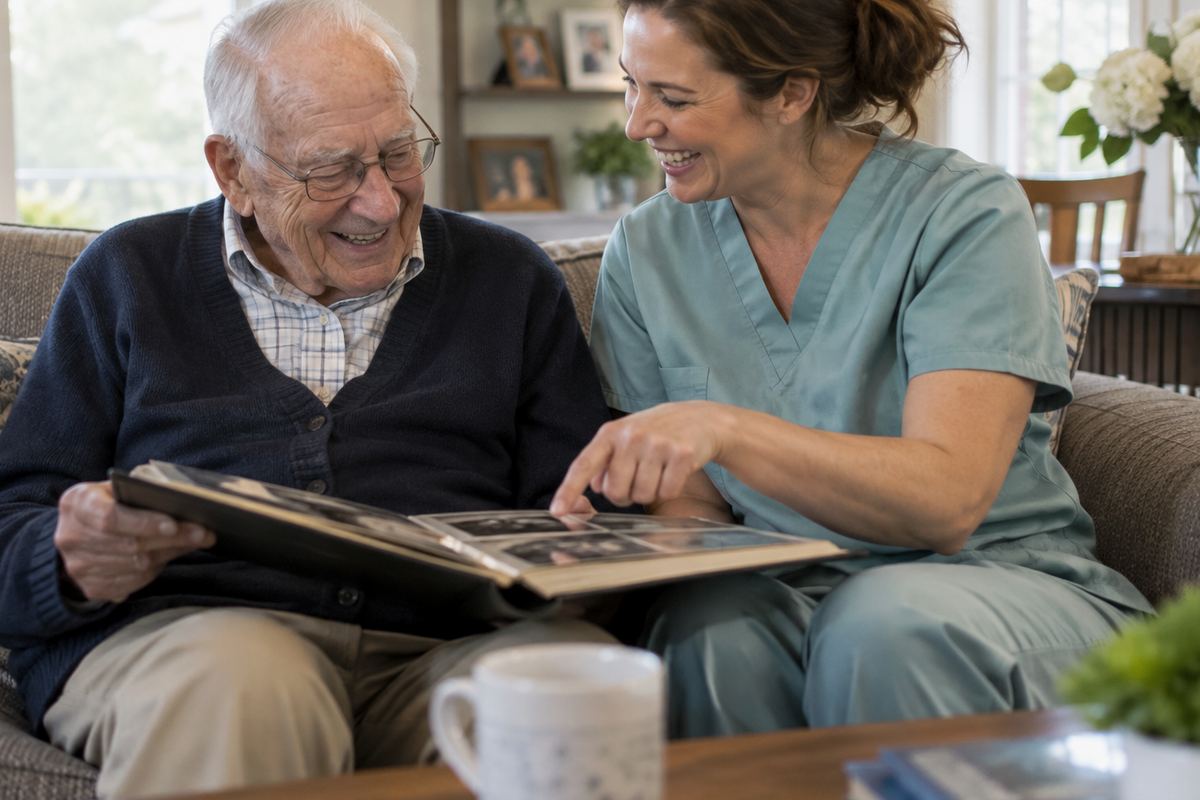 Caregiver and older man looking at a photo album during companion care in Lomita