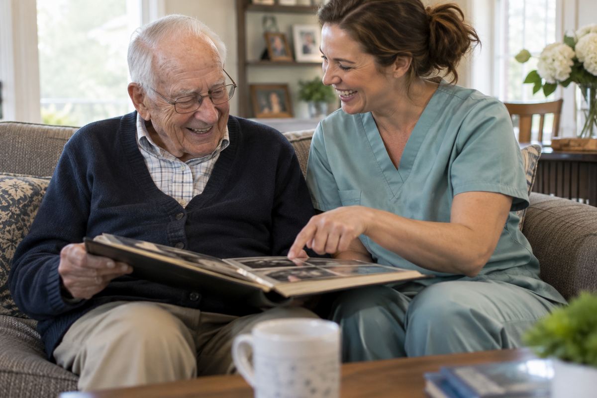 Caregiver and older man looking at a photo album during companion care in the Los Angeles area