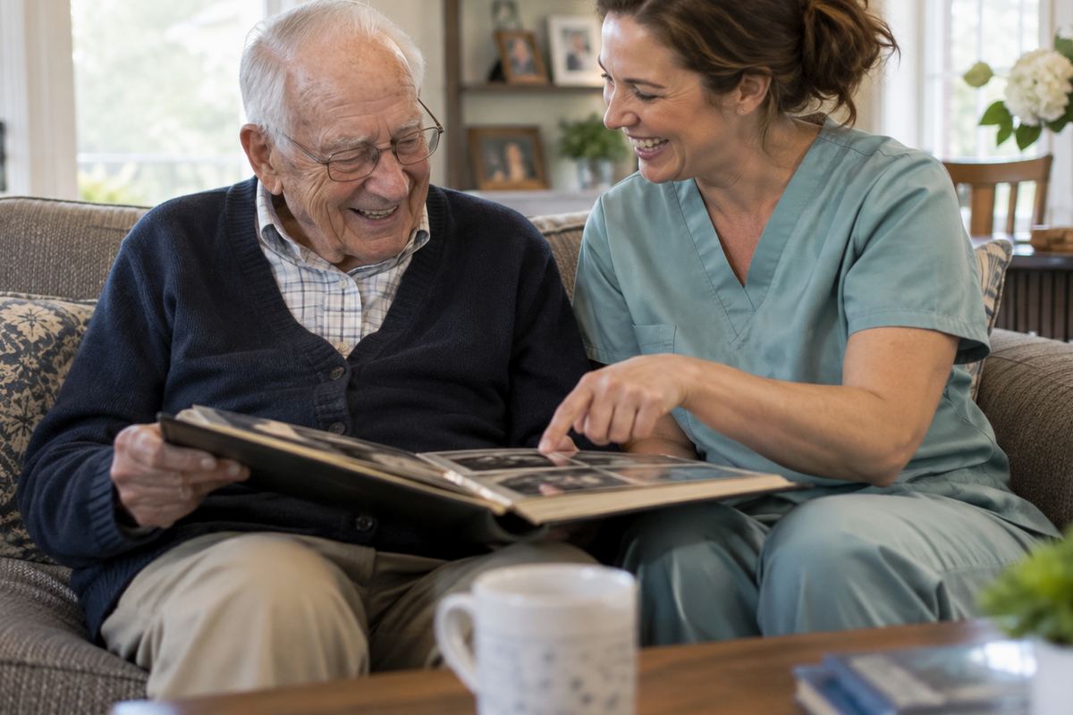 Caregiver and older man looking at a photo album on the sofa during companion care in Manhattan Beach