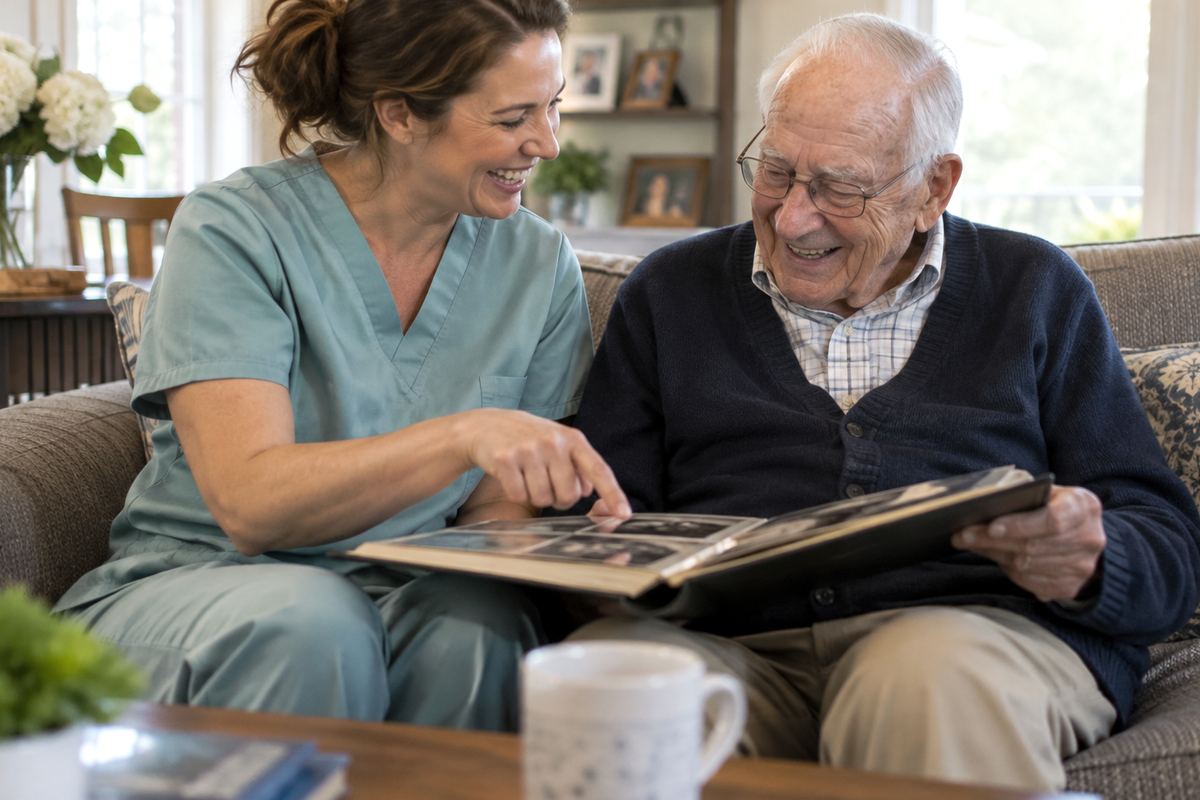 Caregiver and older man looking at a photo album, companion care in Mesa
