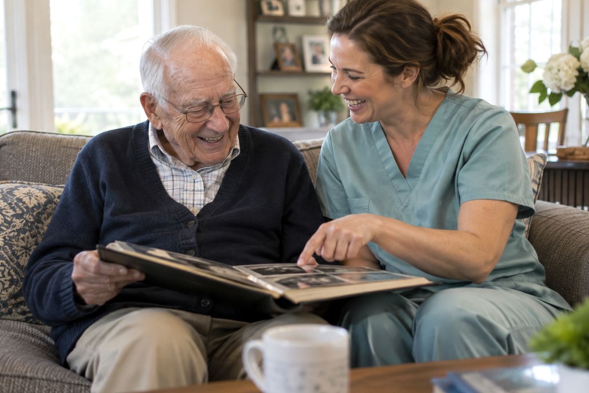 Caregiver and older man looking at a photo album, companion care in Minneapolis, MN