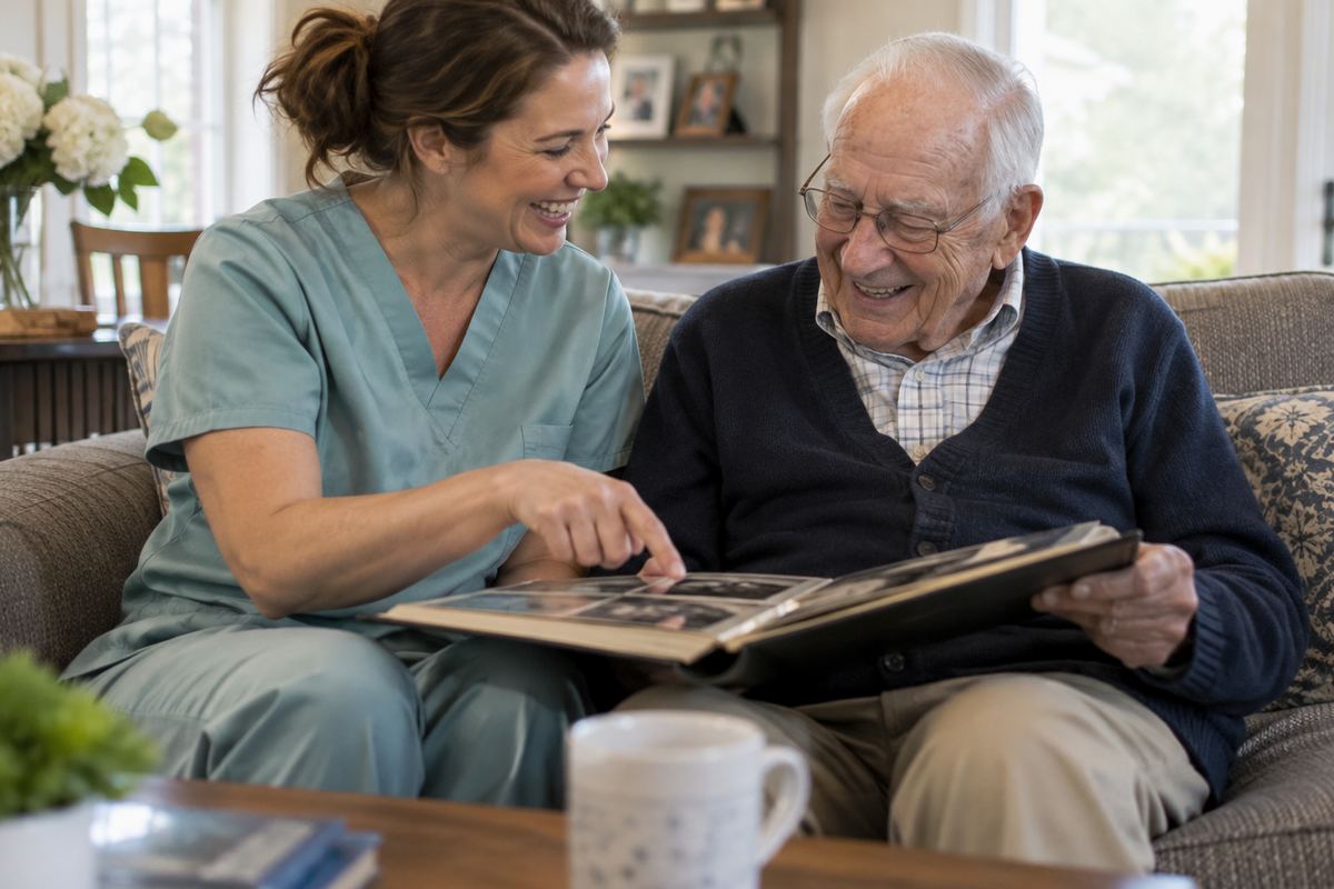 Caregiver and older man looking at photo album during companion care in Minnetonka