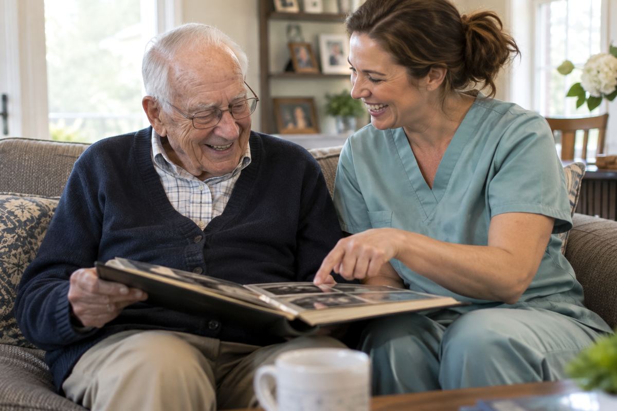 Caregiver and older man looking at a photo album on the sofa during companion care in New Braunfels