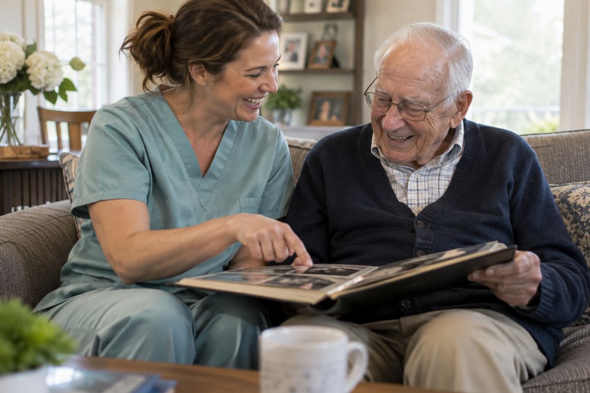 Caregiver and older man looking at a photo album, an example of companion care in Pasadena