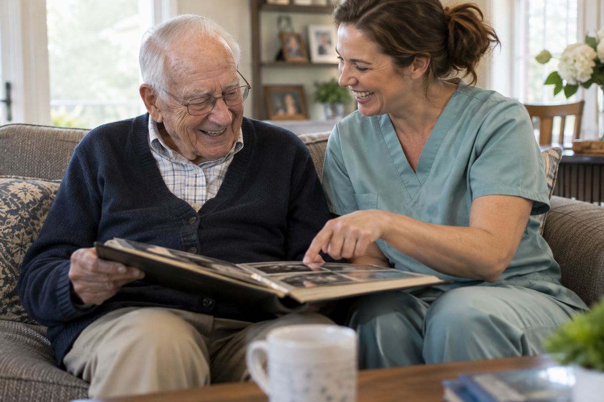 Caregiver and older man looking at a photo album during companion care locally