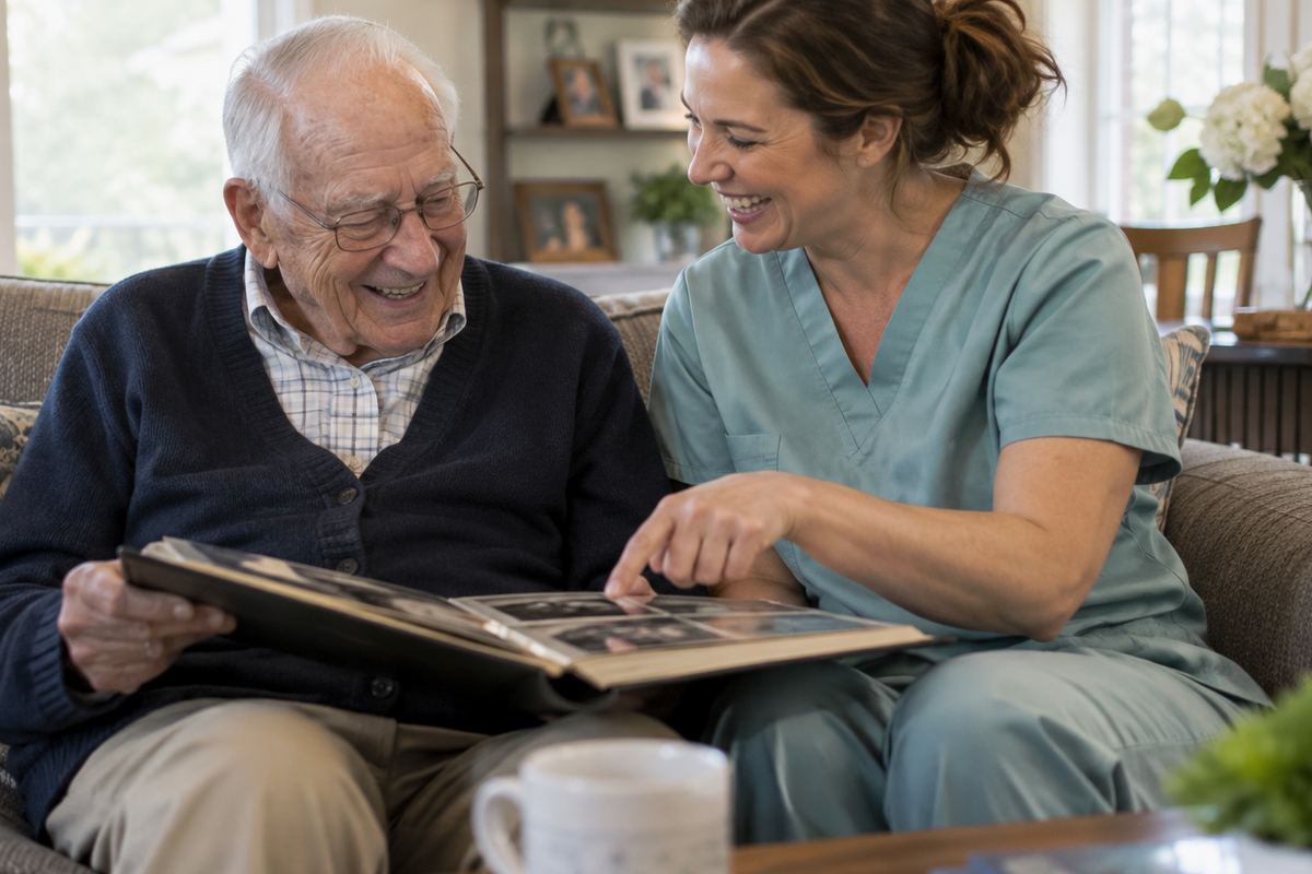 Caregiver and older man looking at a photo album during companion care in Rancho Palos Verdes