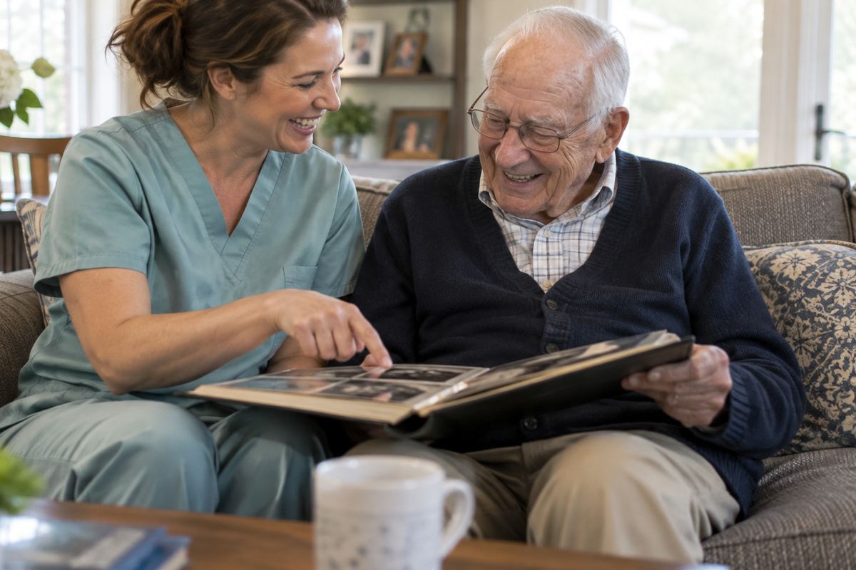 Caregiver and older man looking at a photo album, an example of companion care locally