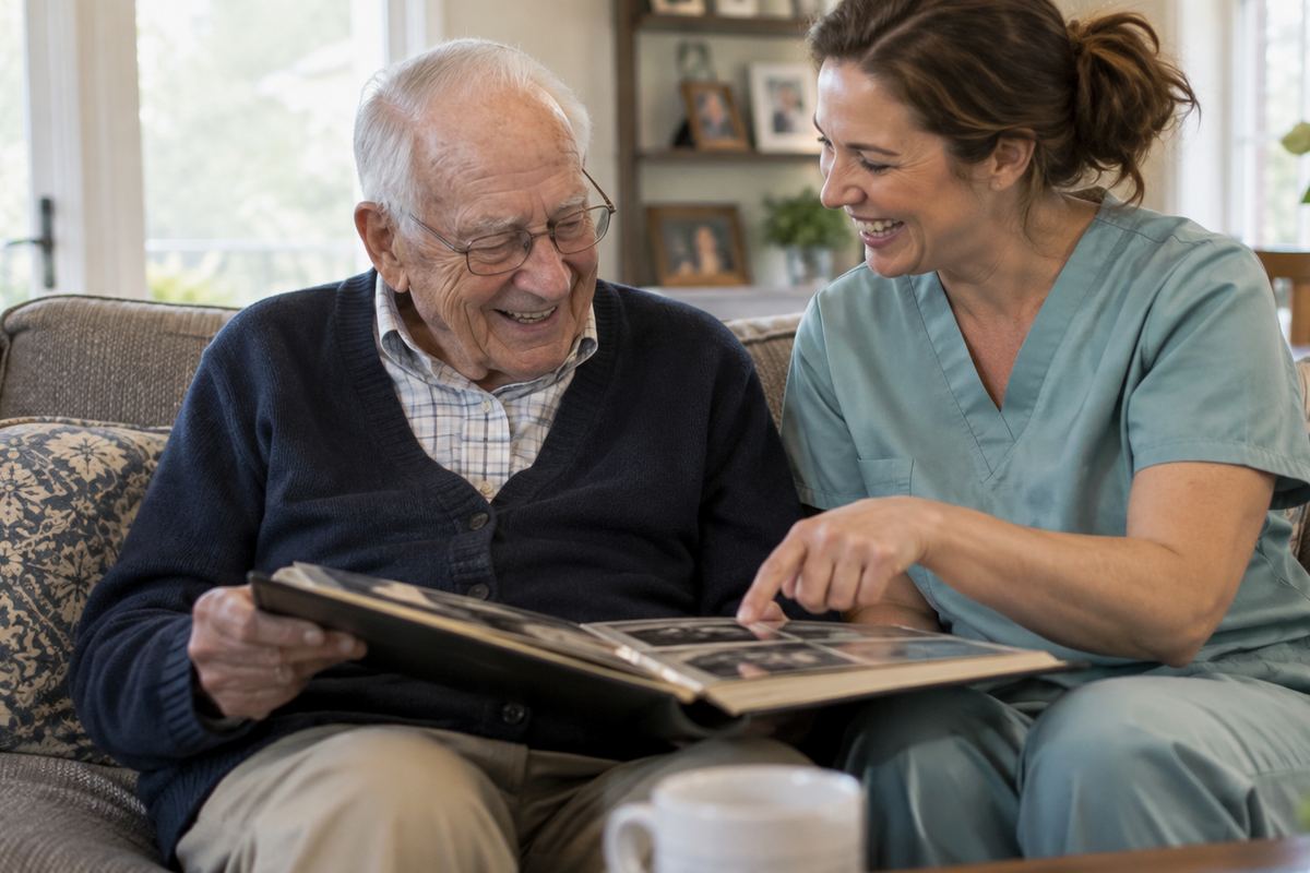 Caregiver and older man looking at a photo album during companion care in Saint Paul