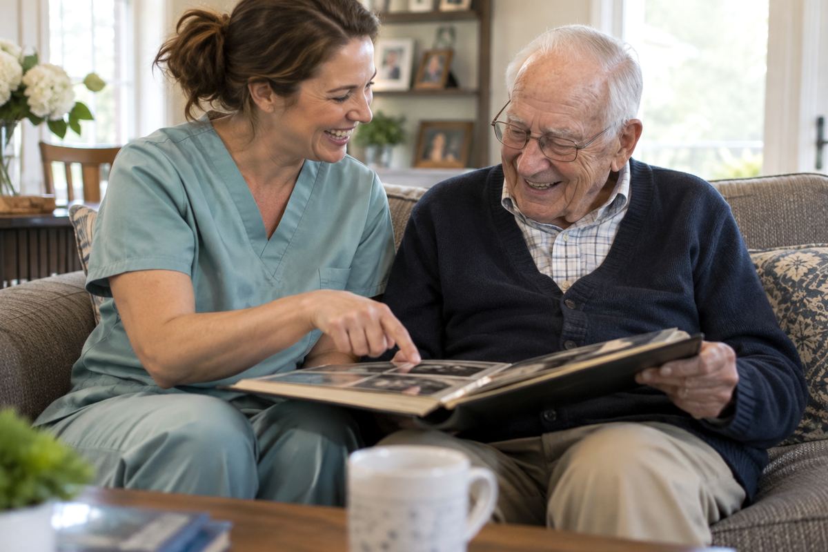 Caregiver and older man looking at a photo album, an example of companion care in San Antonio