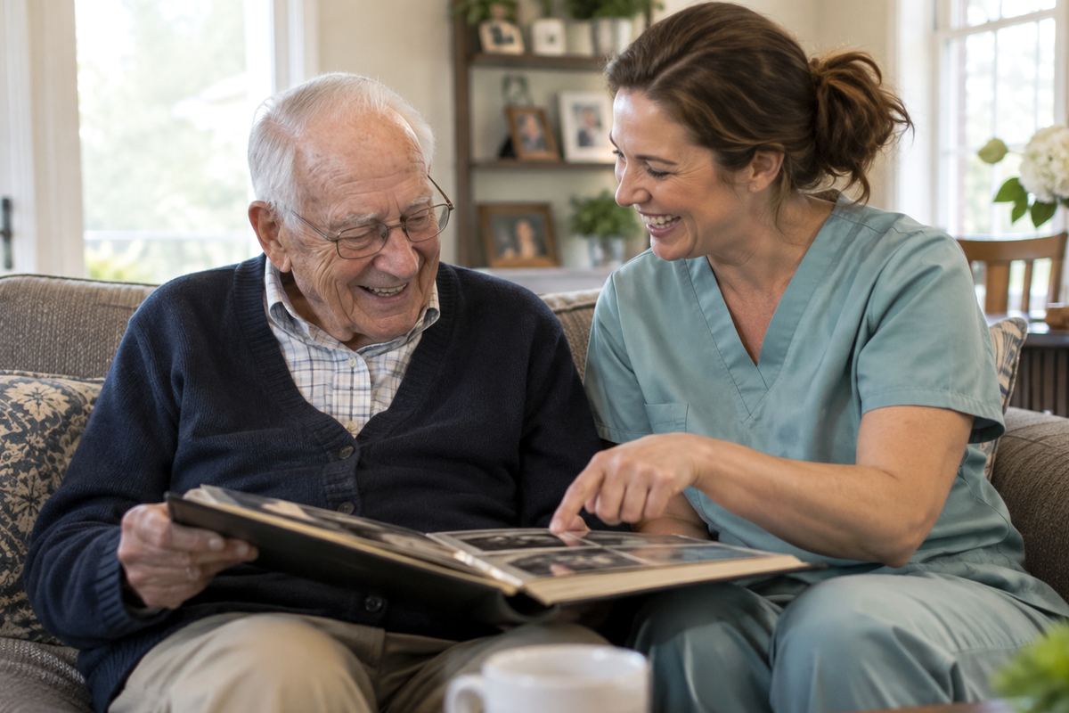 Caregiver and older man looking at a photo album during companion care in San Pedro