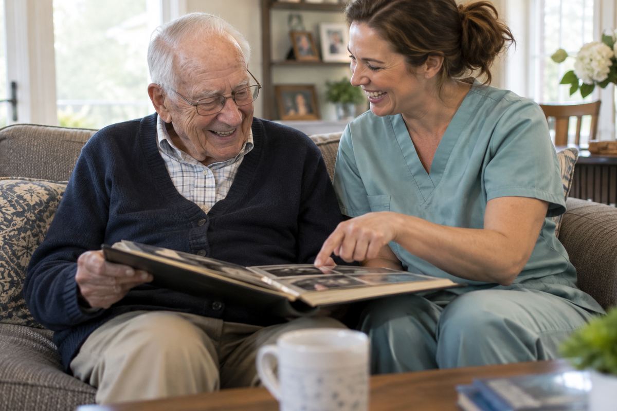 Caregiver and older man looking at a photo album, an example of companion care in Santa Monica