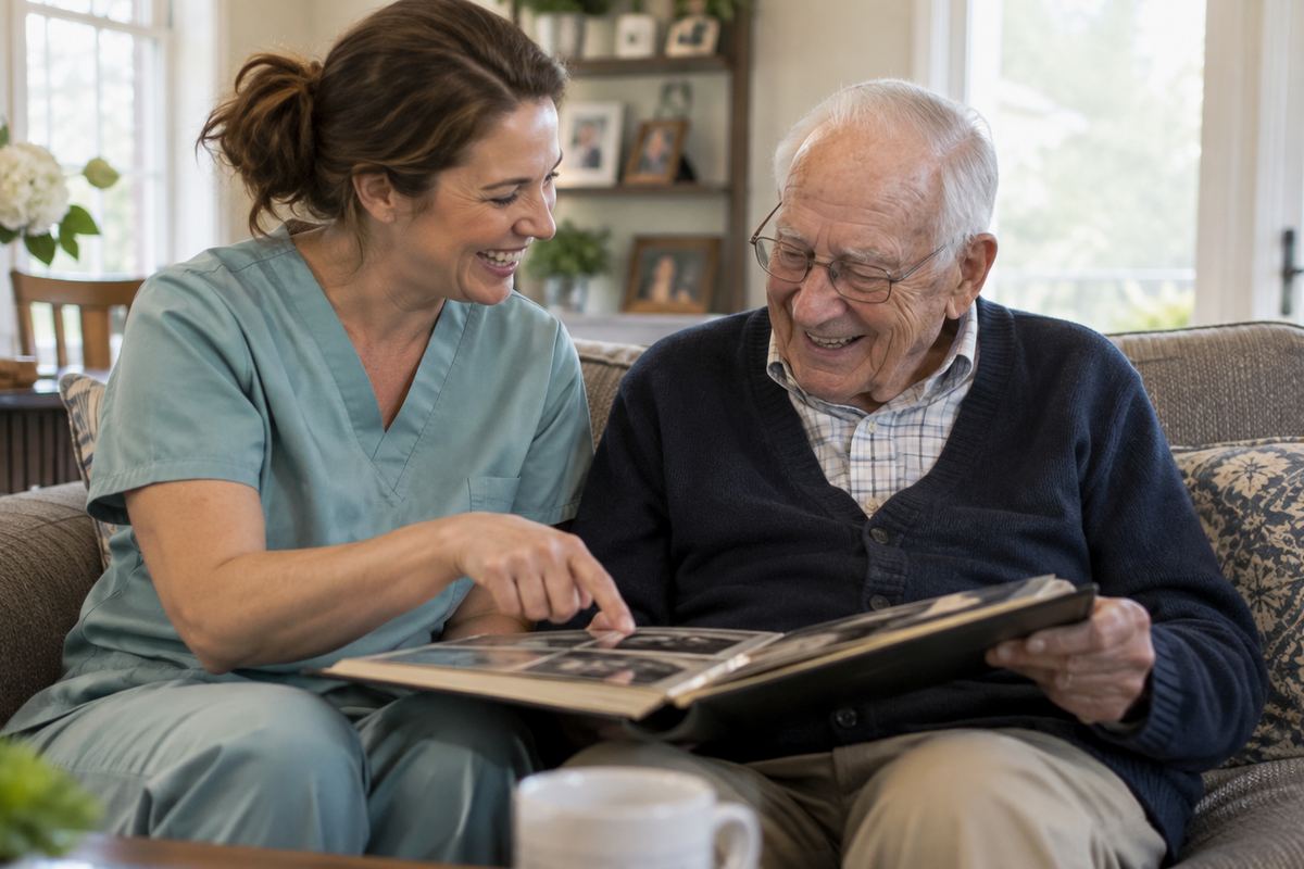 Caregiver and older man looking at a photo album during companion care in Schertz