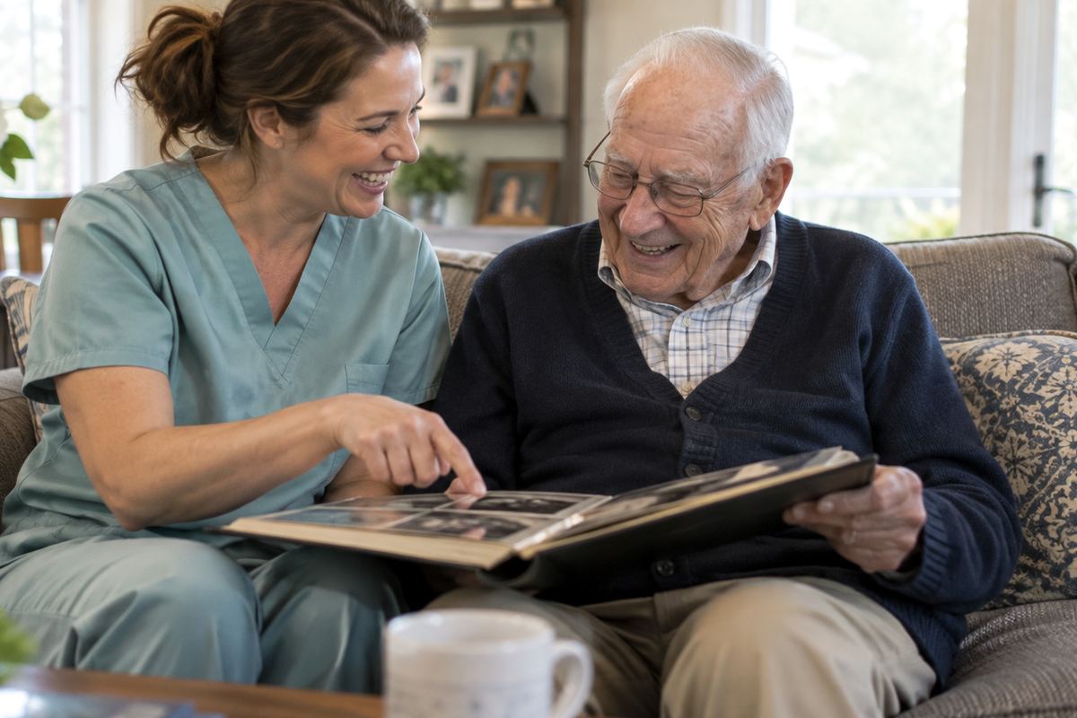 Caregiver and older man looking at a photo album during companion care locally