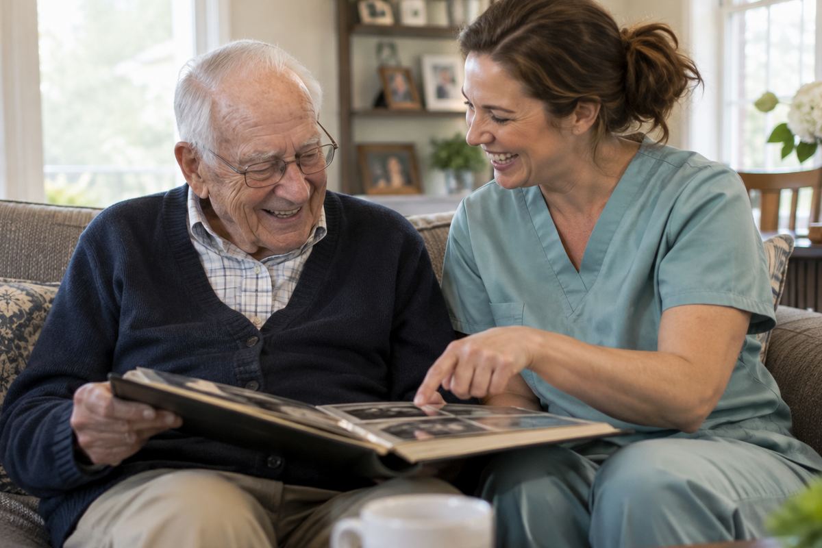 Caregiver and older man looking at a photo album, an example of companion care in Seguin
