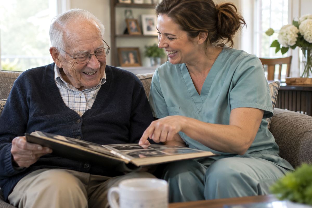 Caregiver and older man looking at photo album, an example of companion care in Spring Branch