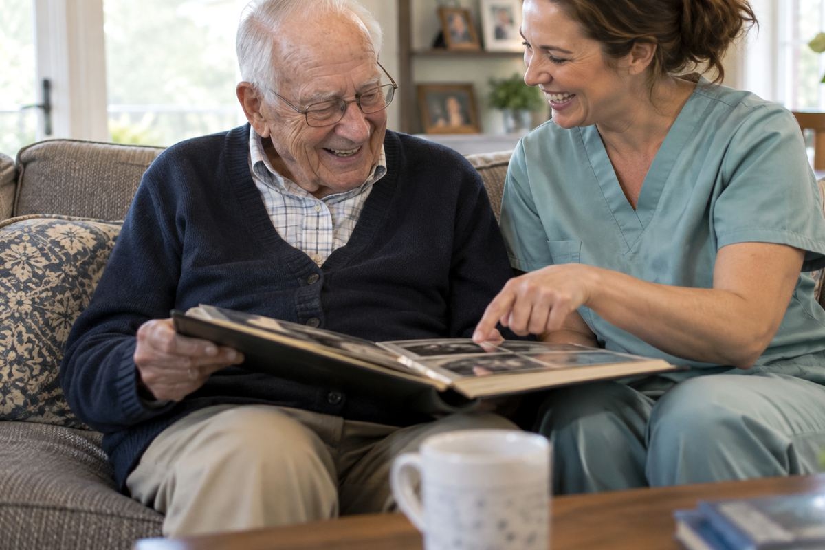Caregiver and older man looking at a photo album during companion care in Spring