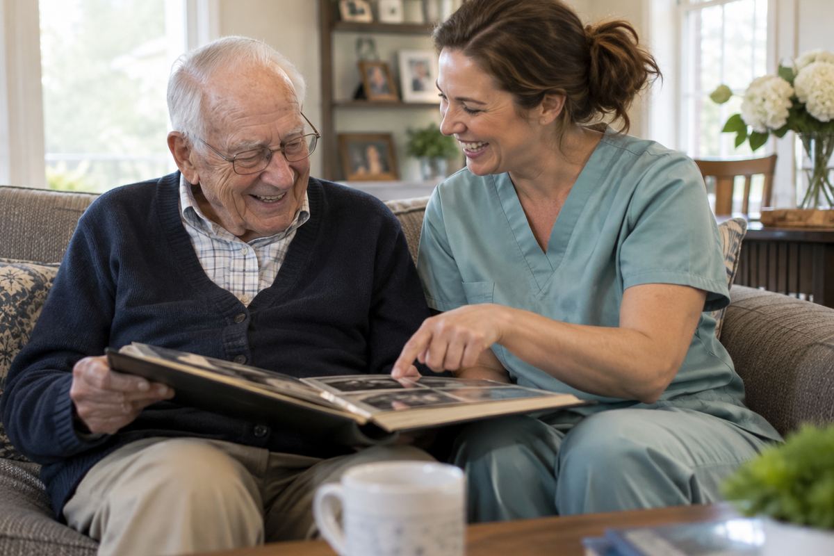 Caregiver and older man looking at a photo album together, an example of companion care in Tomball