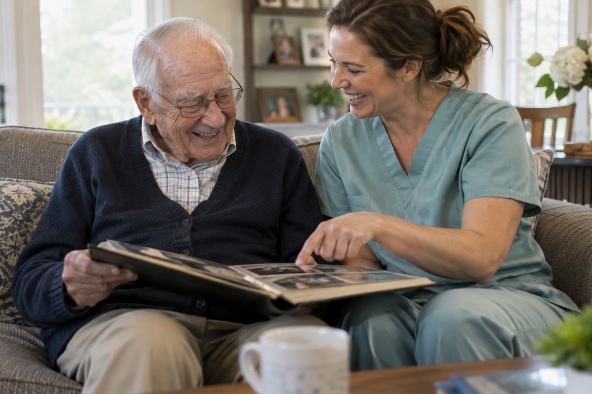 Caregiver and older man looking at a photo album, an example of companion care in Torrance CA