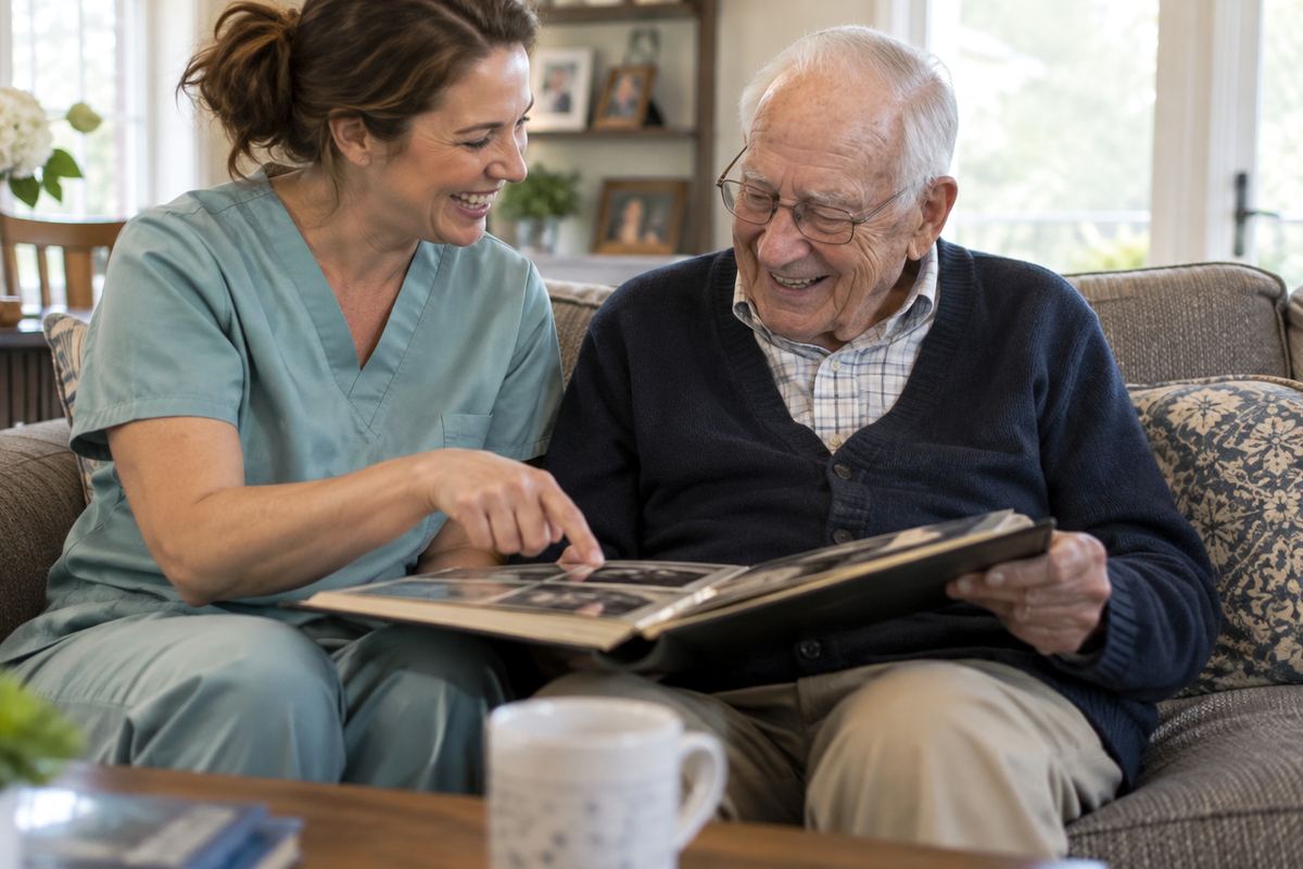 Caregiver and older man looking at photo album during companion care in Whittier