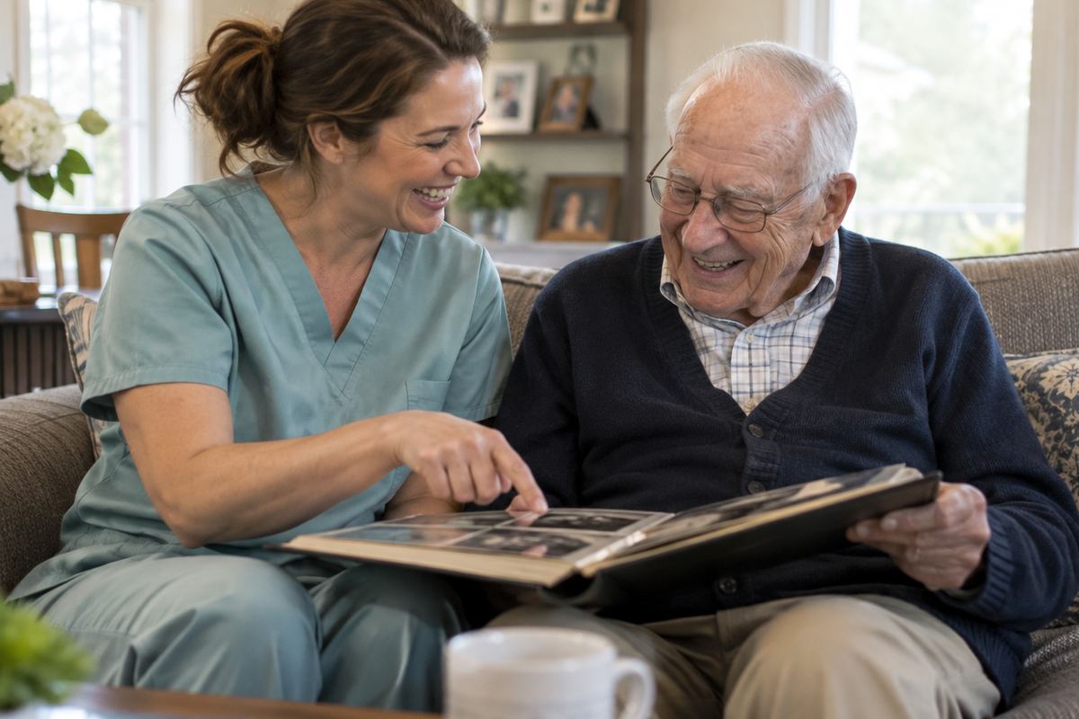 Caregiver and older man looking at photo album during companion care in Wilmington