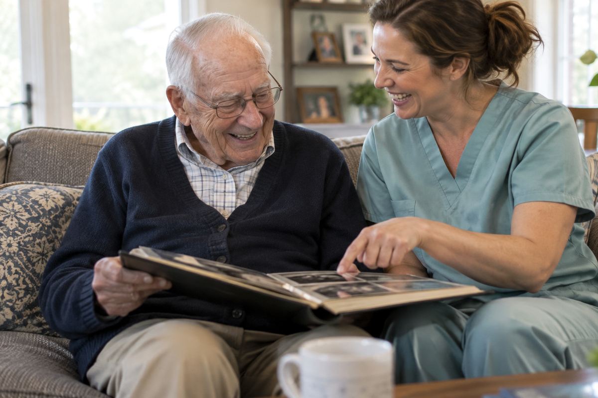 Caregiver and older man looking at a photo album during companion care in Woodland Hills, CA