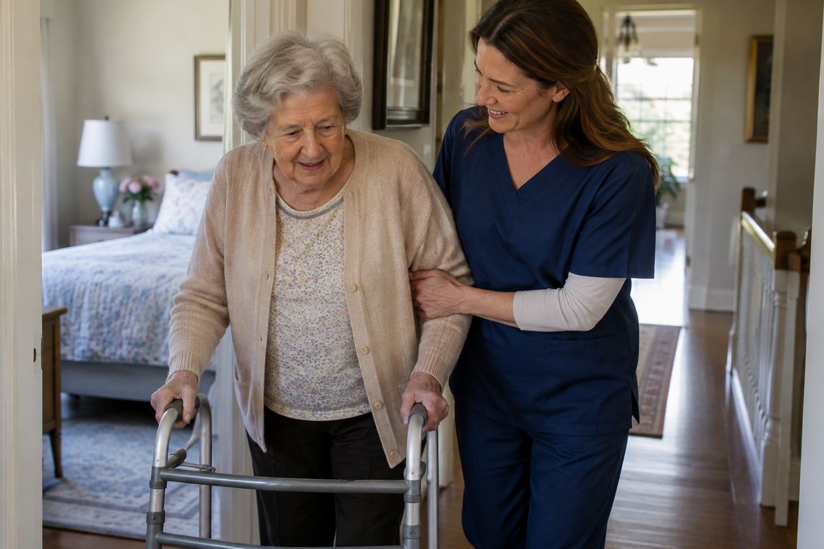 Caregiver helping older woman with a walker in a hallway, personal care services in Boerne