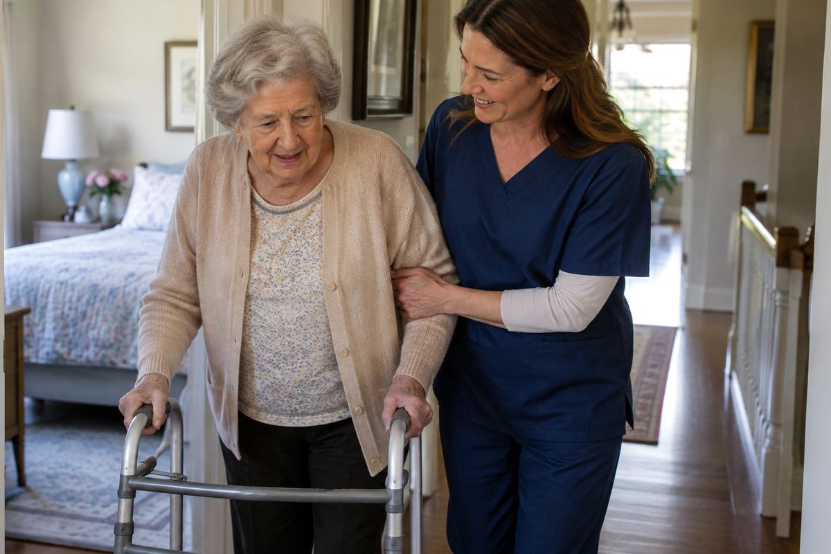 Caregiver helping older woman with a walker in the hallway, personal care in Canyon Lake