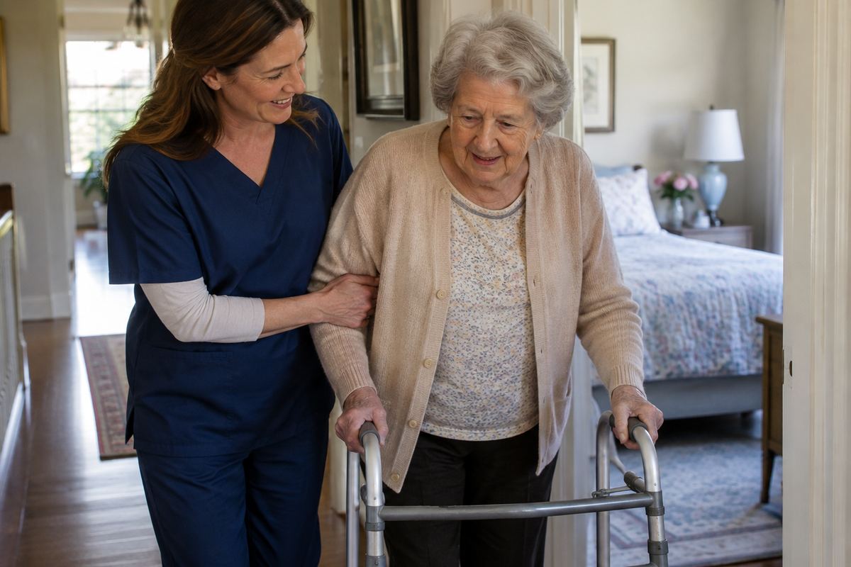 Caregiver helping an older woman with a walker in a hallway, personal care services in Carson