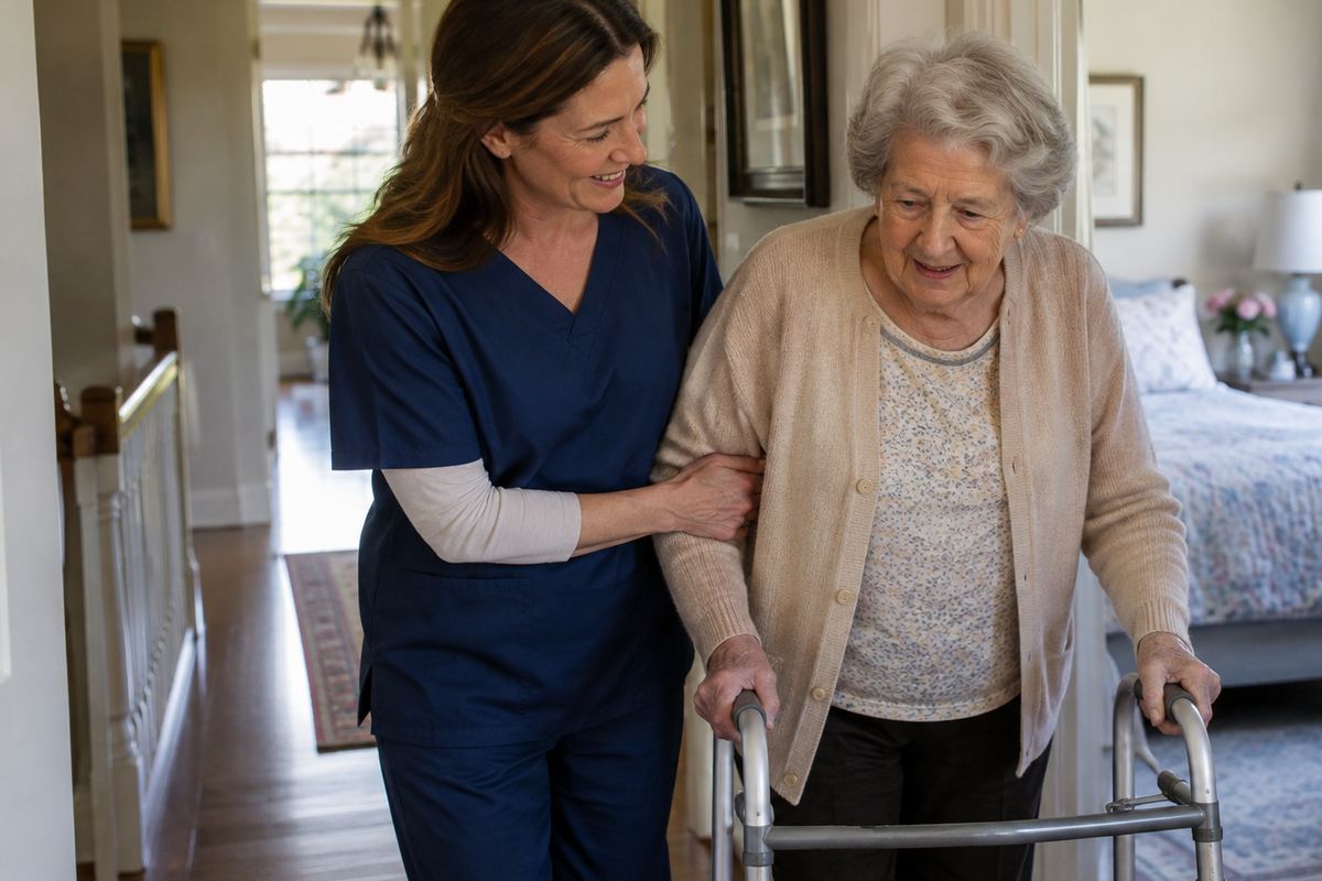Caregiver helping older woman with a walker during personal care in Chandler, AZ
