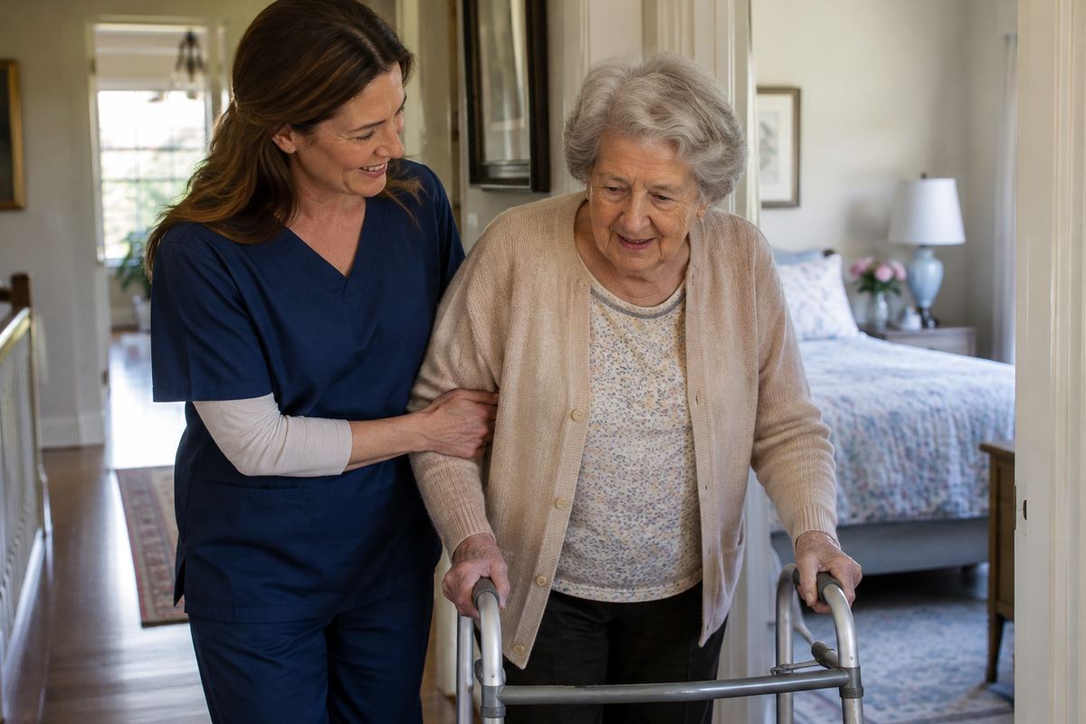 Caregiver helping older woman with a walker during personal care at home in Bexar County