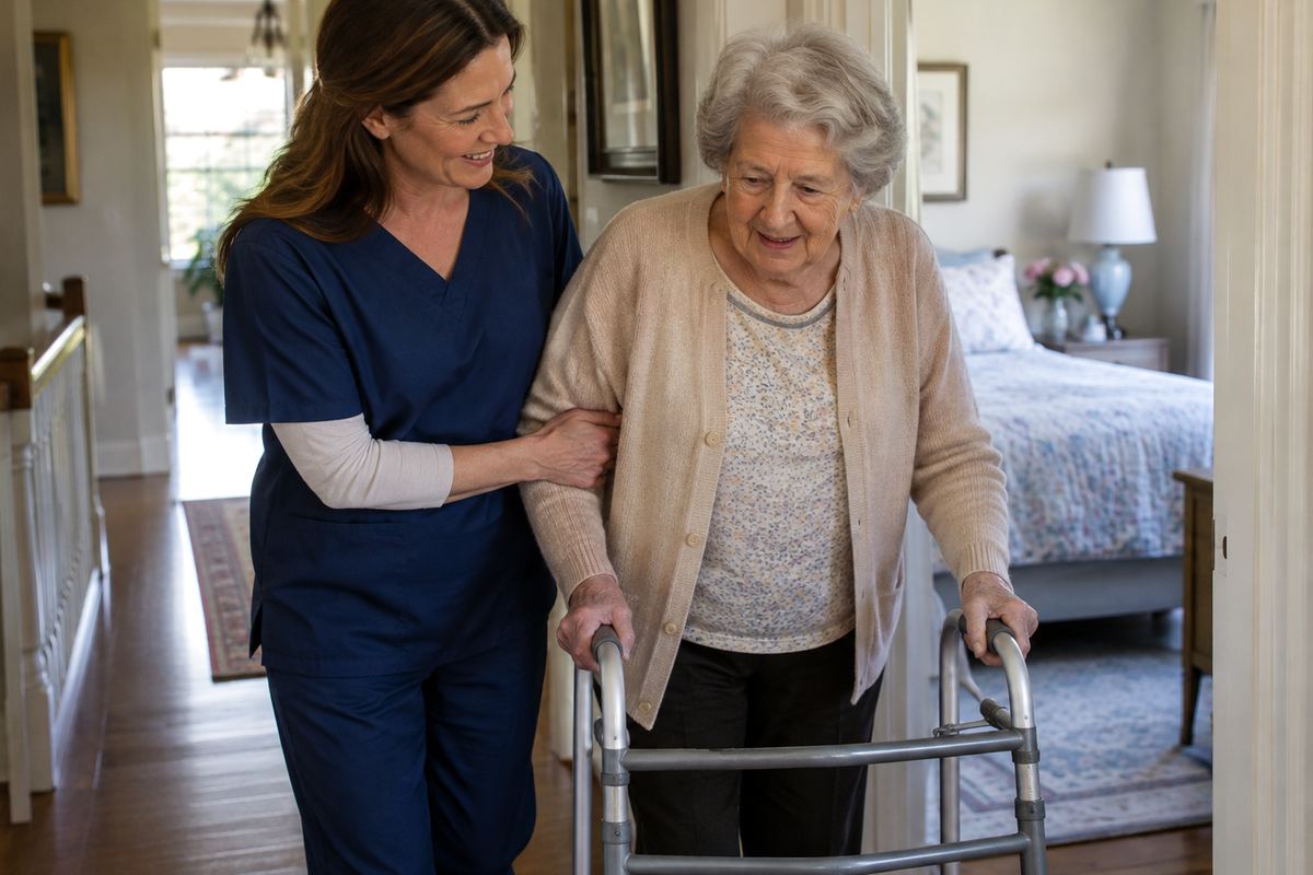 Caregiver helping older woman with a walker in a hallway, personal care services near Covina, CA