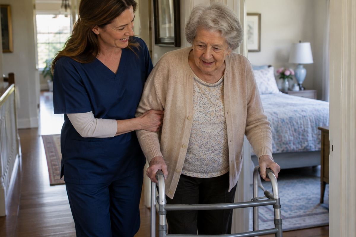 Caregiver helping older woman with a walker in a hallway, providing personal care in Harris County