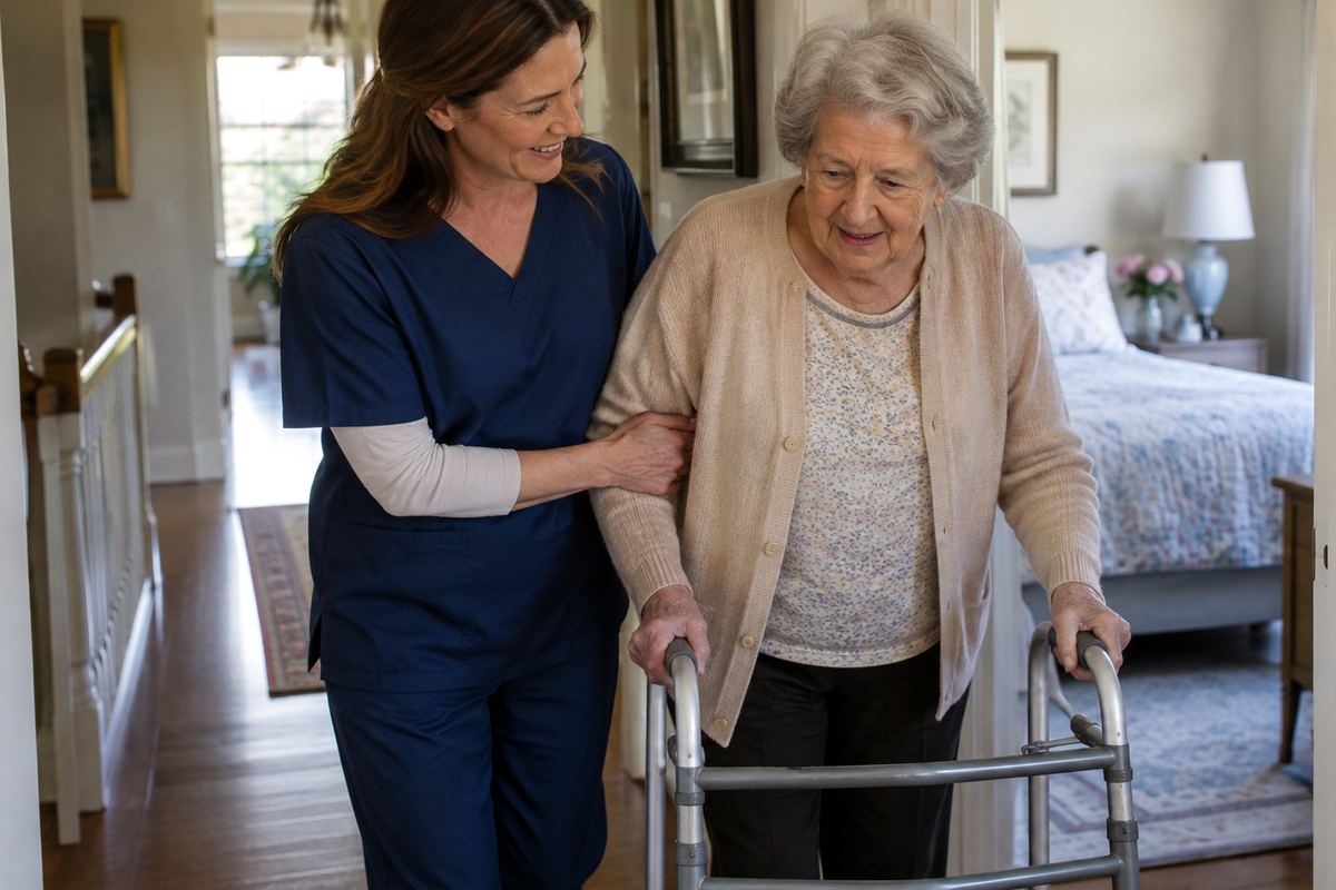 Caregiver helping older woman with a walker in hallway, personal care services in Eden Prairie