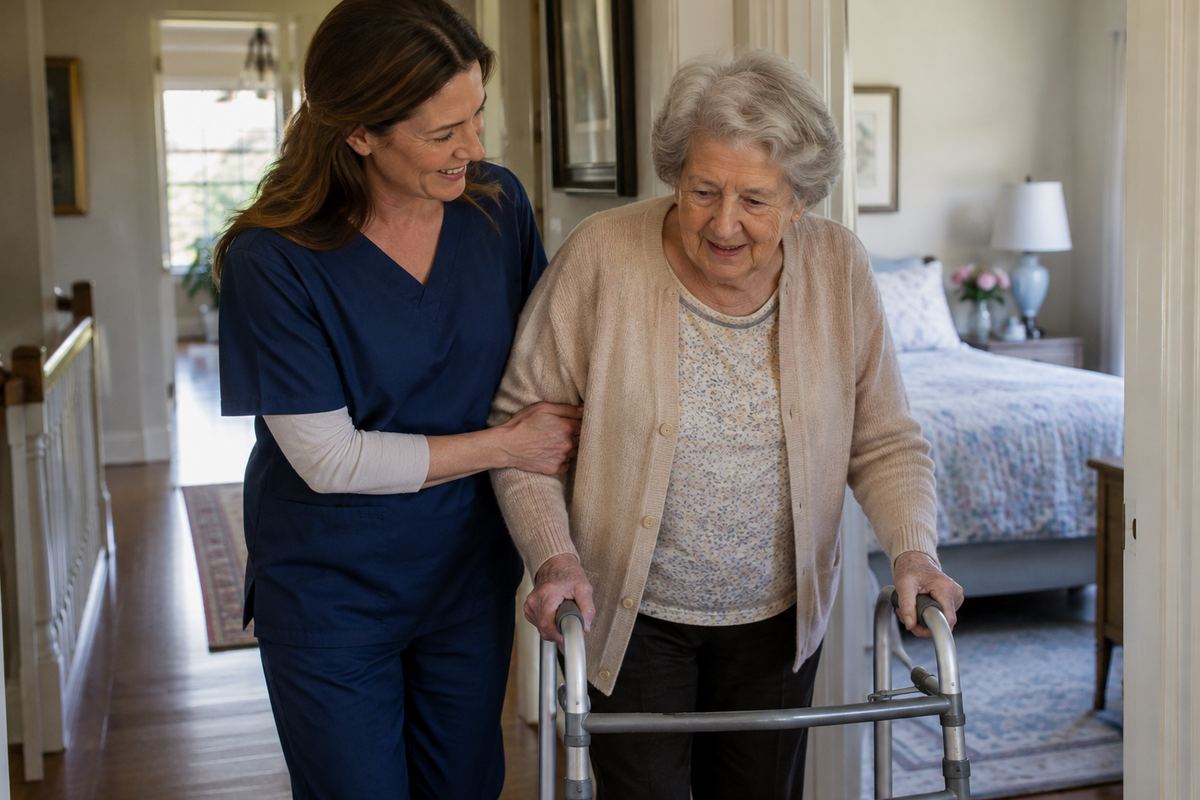 Caregiver helping older woman with a walker in a hallway, personal care near El Segundo