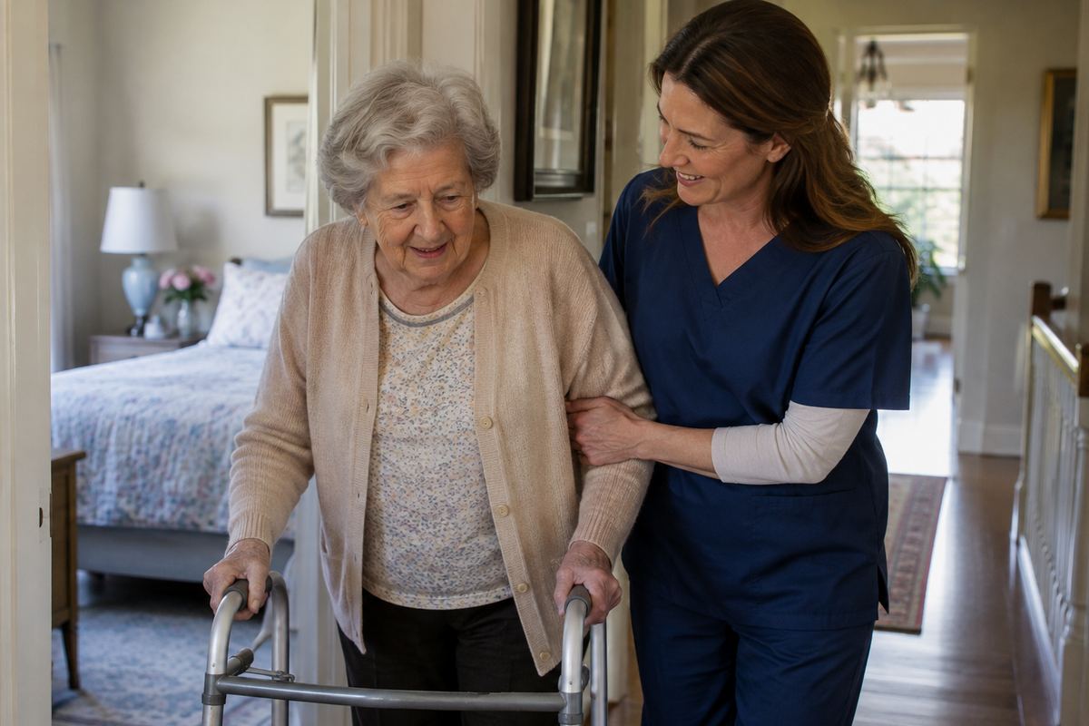 Caregiver helping older woman with a walker in a hallway, showing personal care near Floresville