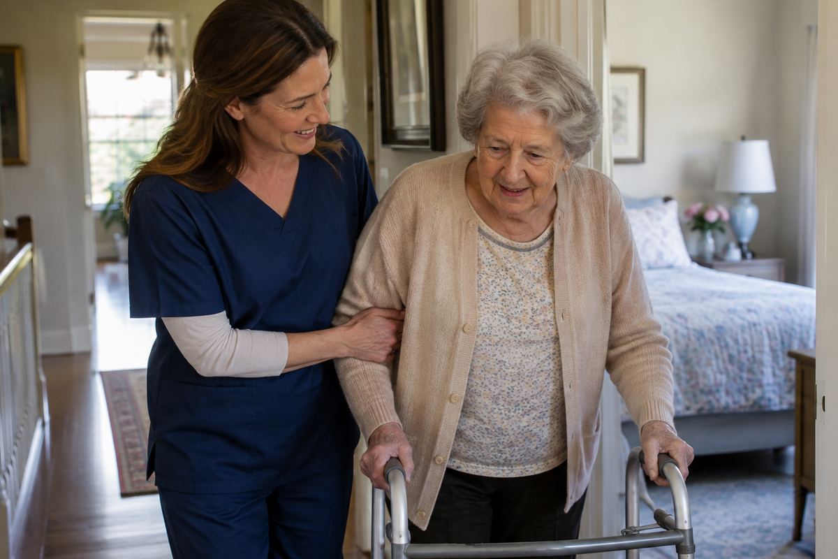 Caregiver helping older woman with walker in hallway, personal care for seniors in Los Angeles County