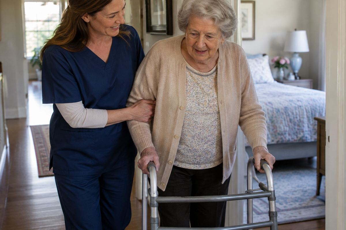 Caregiver helping older woman with walker in hallway, personal care in the Gilbert area