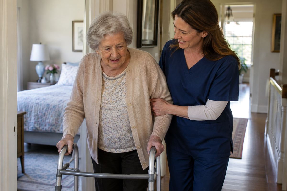 Caregiver helping older woman with a walker in hallway, personal care near Harbor City