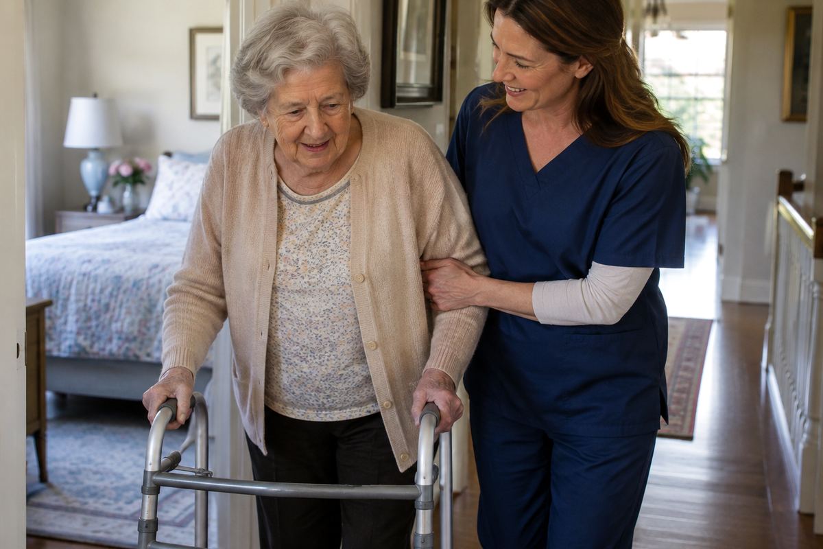 Caregiver helping older woman with a walker in hallway, personal care near Hawthorne, California