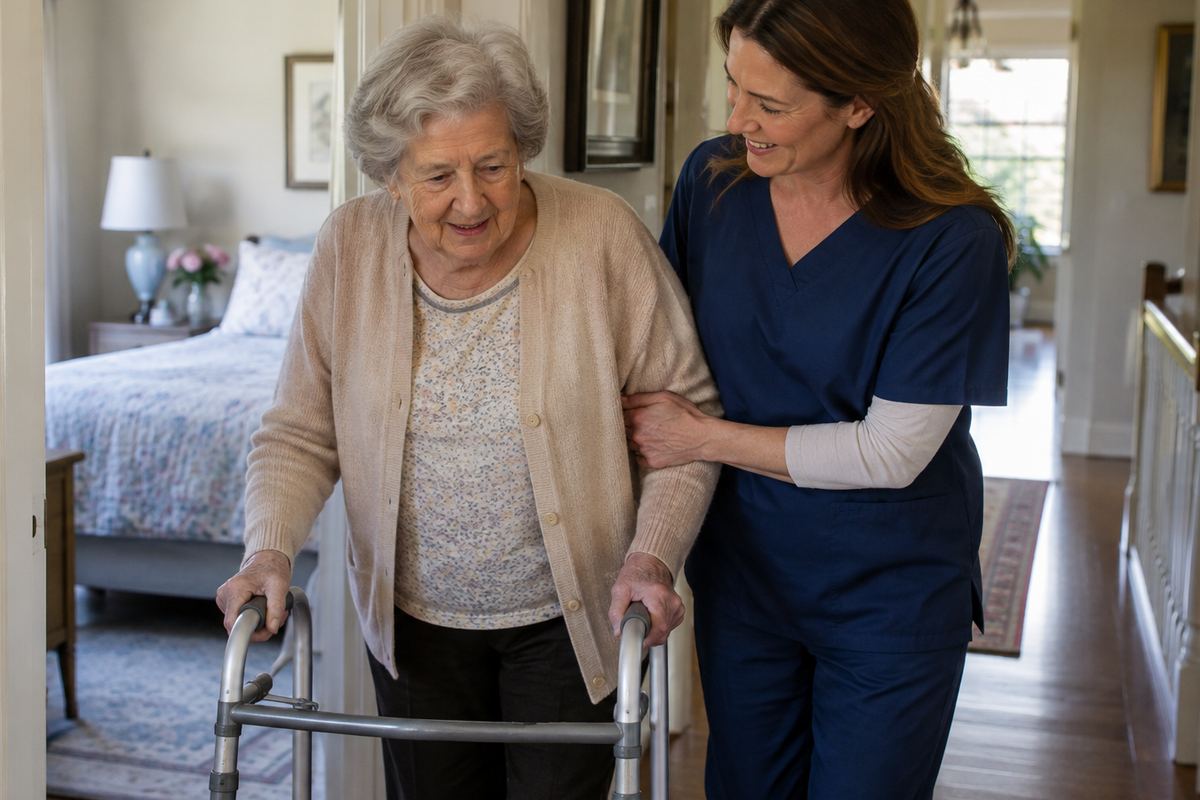 Caregiver helping older woman with a walker in hallway during personal care in Bexar County
