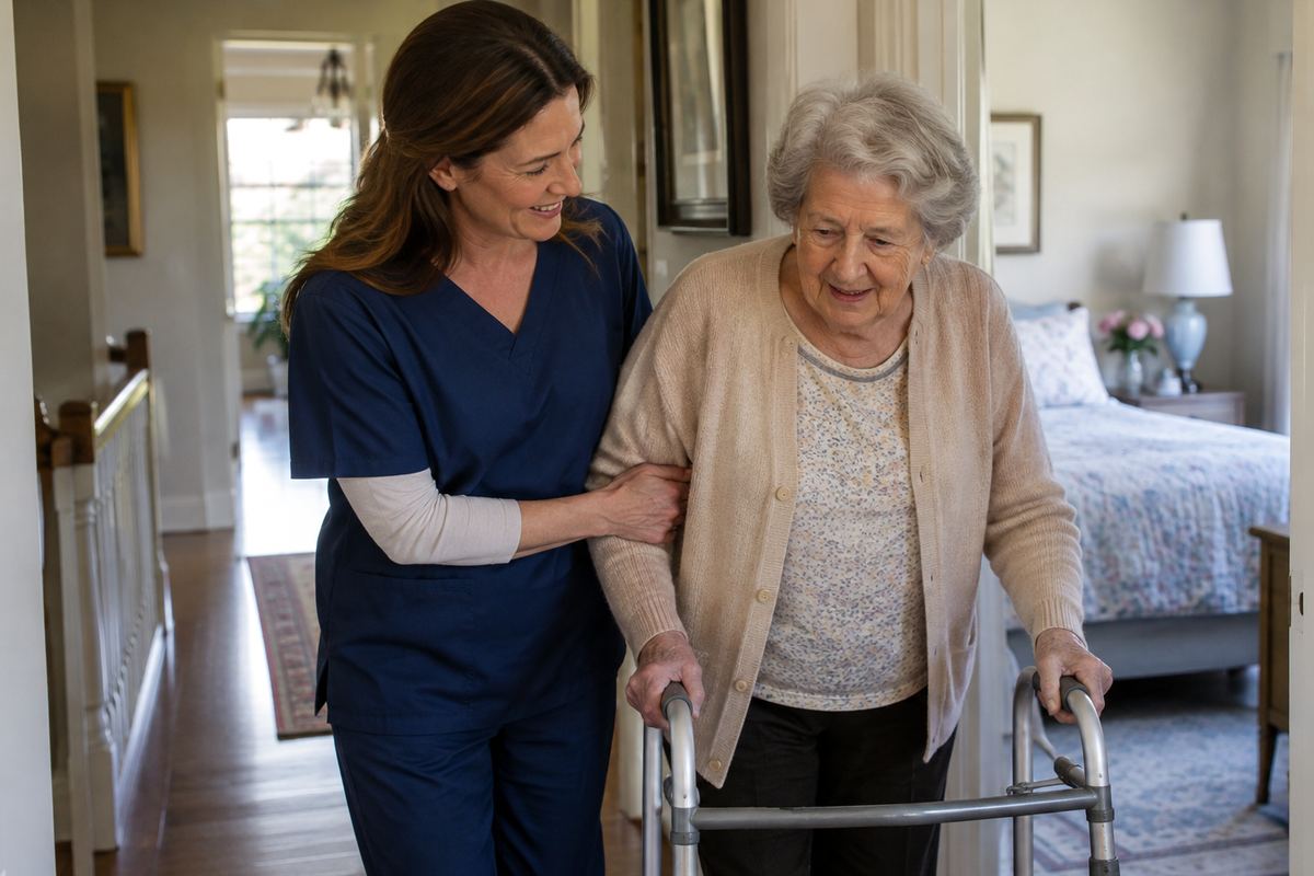 Caregiver helping older woman with a walker in a hallway, personal care for Los Angeles County seniors
