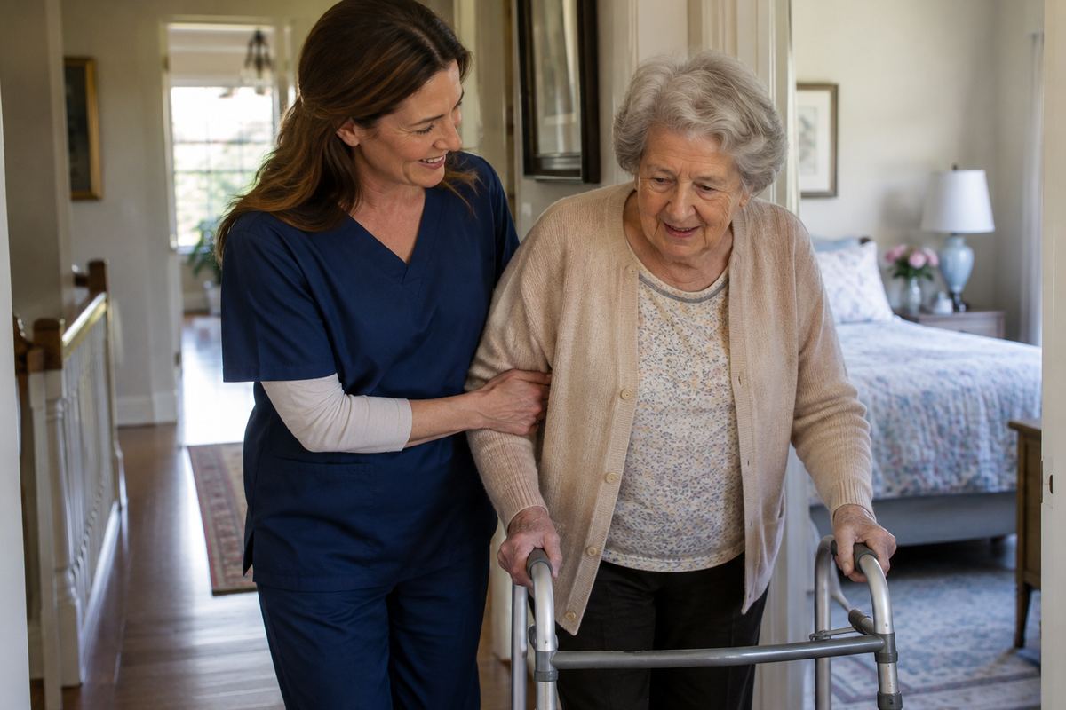 Caregiver helping older woman with walker during personal care at home in Hopkins MN